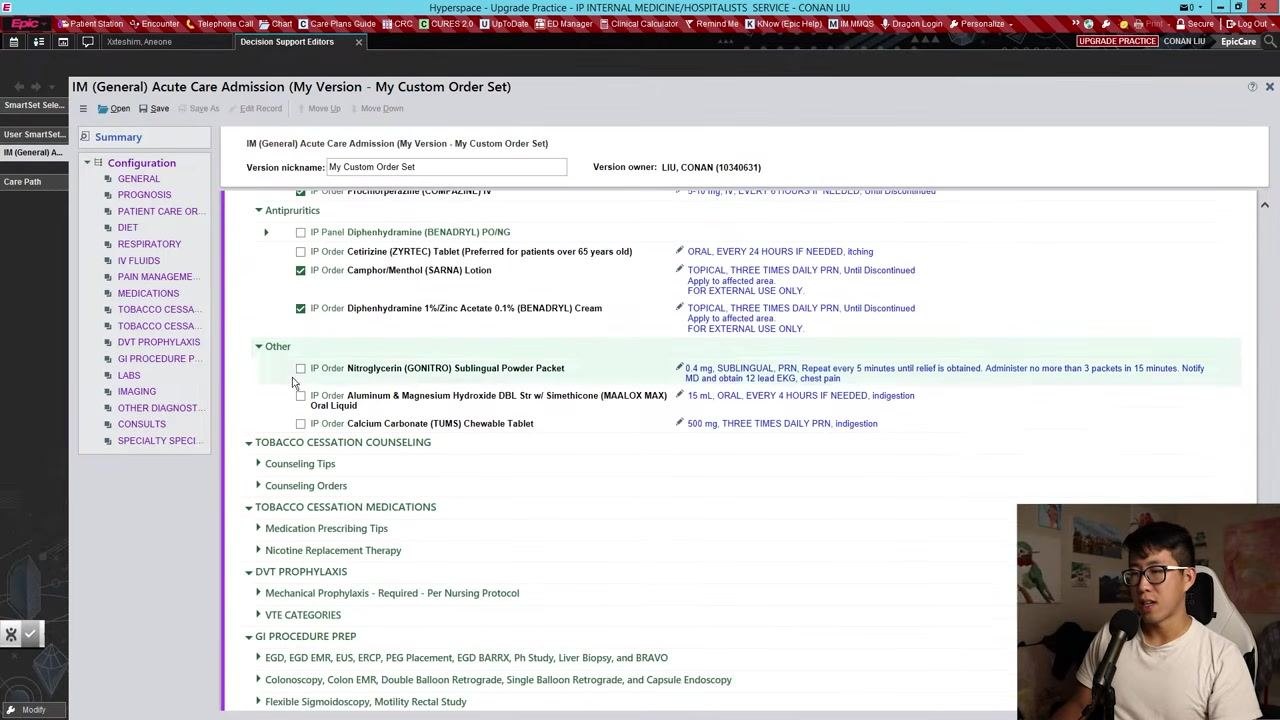 Epic order set screen showing Antiemetics, Antipyretics, Other medications, Tobacco Cessation, and DVT Prophylaxis sections with no additional defaults selected