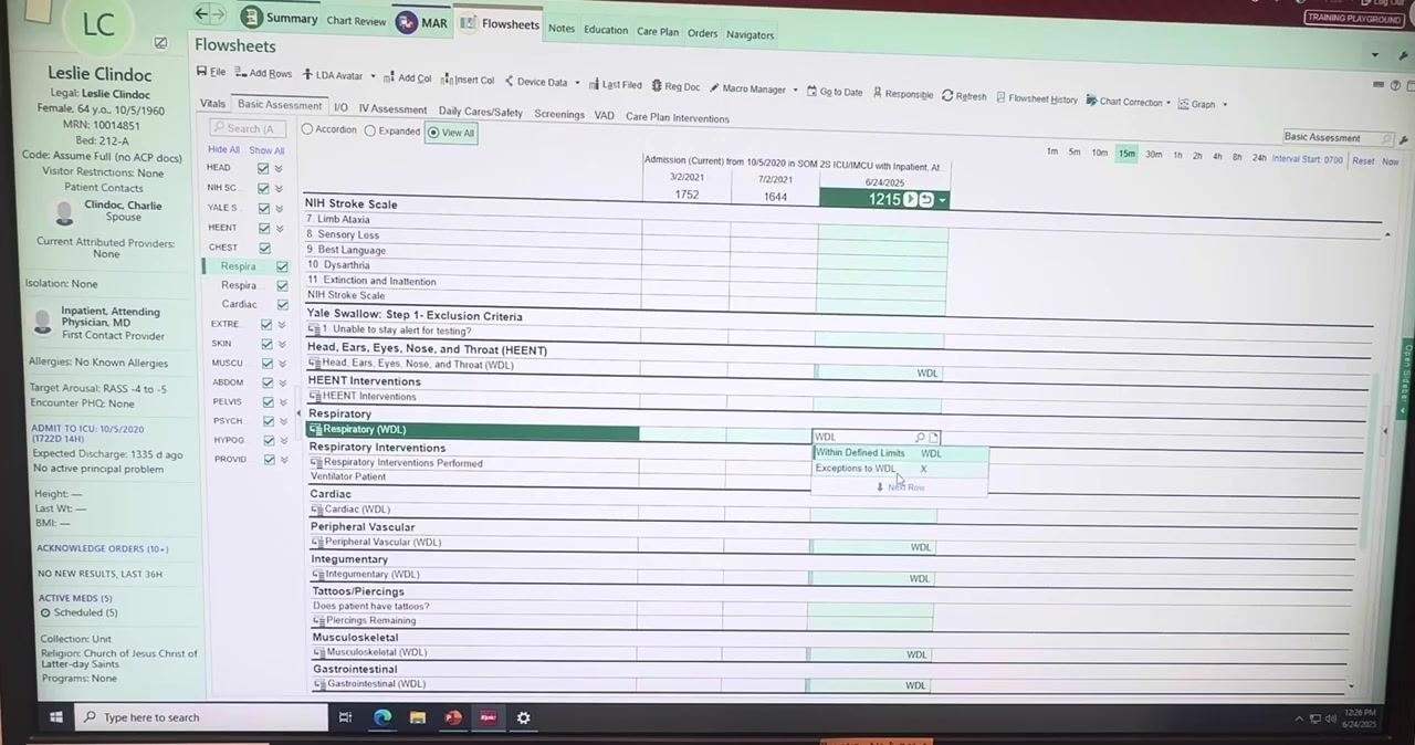 Dropdown menu open for the Respiratory field, showing options for Within Defined Limits and Exceptions to WDL