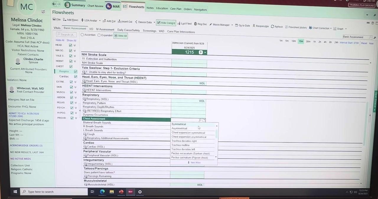 Dropdown menu open for the Chest Assessment field, showing options such as Symmetrical and Asymmetrical