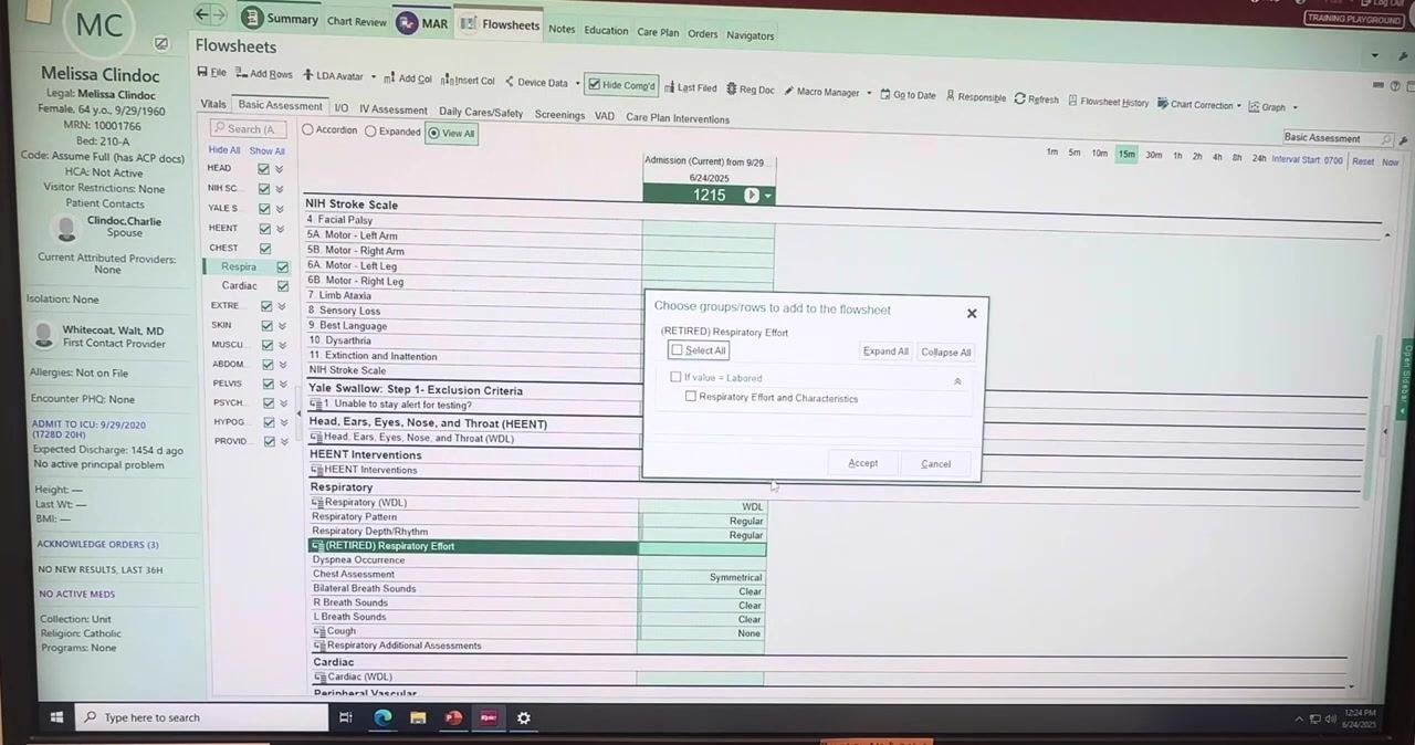 Dialog box for choosing groups and rows to add to the flowsheet, with options to select or expand rows