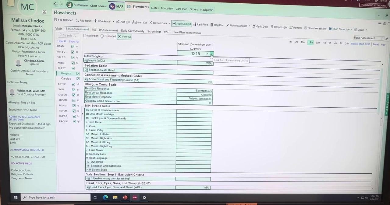 Epic Flowsheets screen with the cursor over the downward arrow next to the time entry field, ready to open macro options