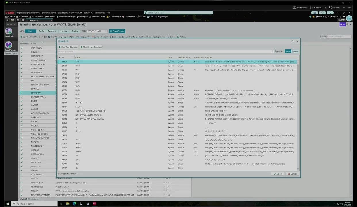 SmartPhrase Manager showing the full list of system SmartLists with ID, Name, Level, Selection Type, and Choices columns