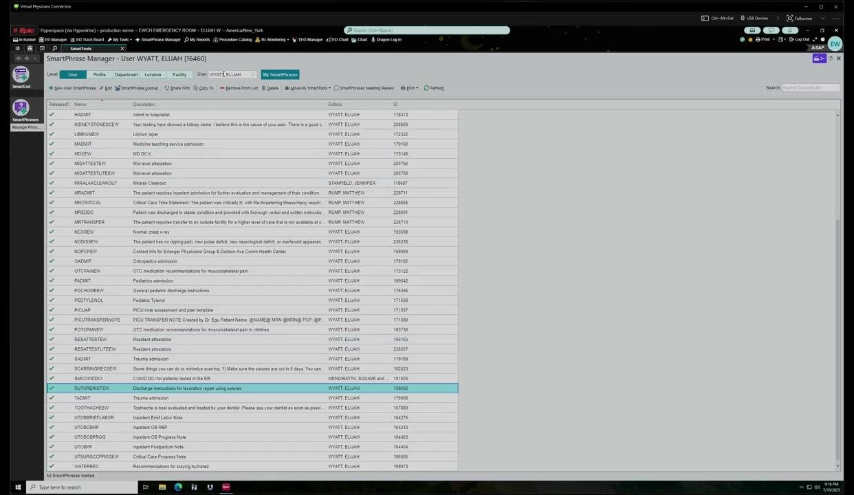 SmartPhrase Manager showing user search, template selection, and sharing options