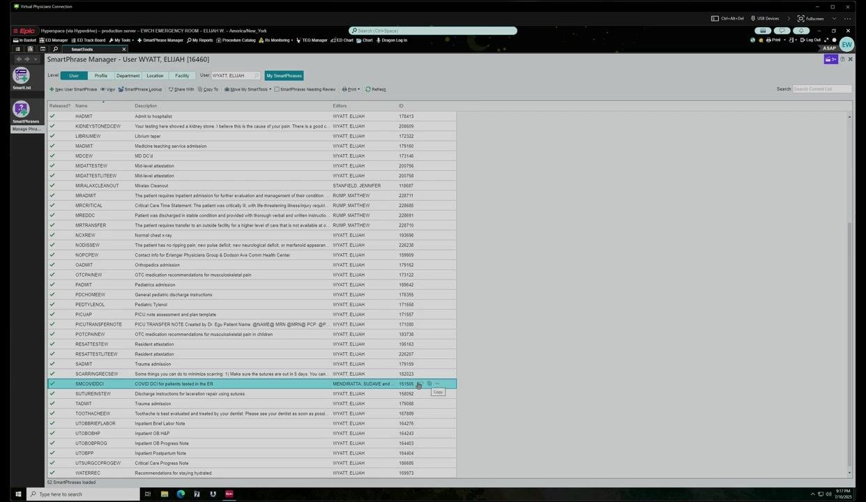 SmartPhrase Manager showing the "Share" and "Copy" buttons for a highlighted template