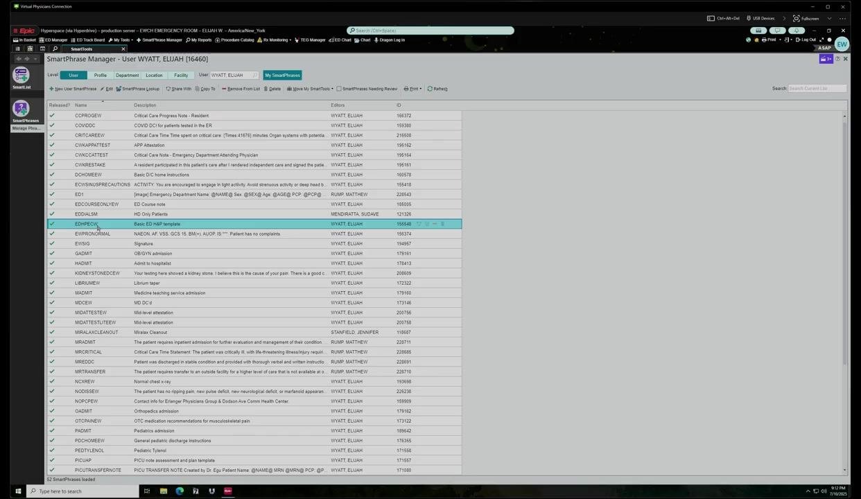 SmartPhrase Manager with a template selected and ready to open