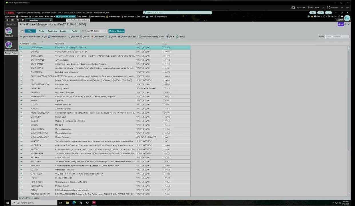 SmartPhrase template editor showing editable fields, formatting options, and sharing settings