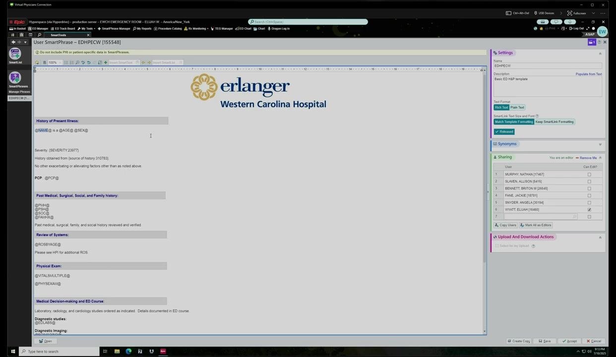SmartPhrase template editor displaying the hospital logo, SmartLinks, and sharing options