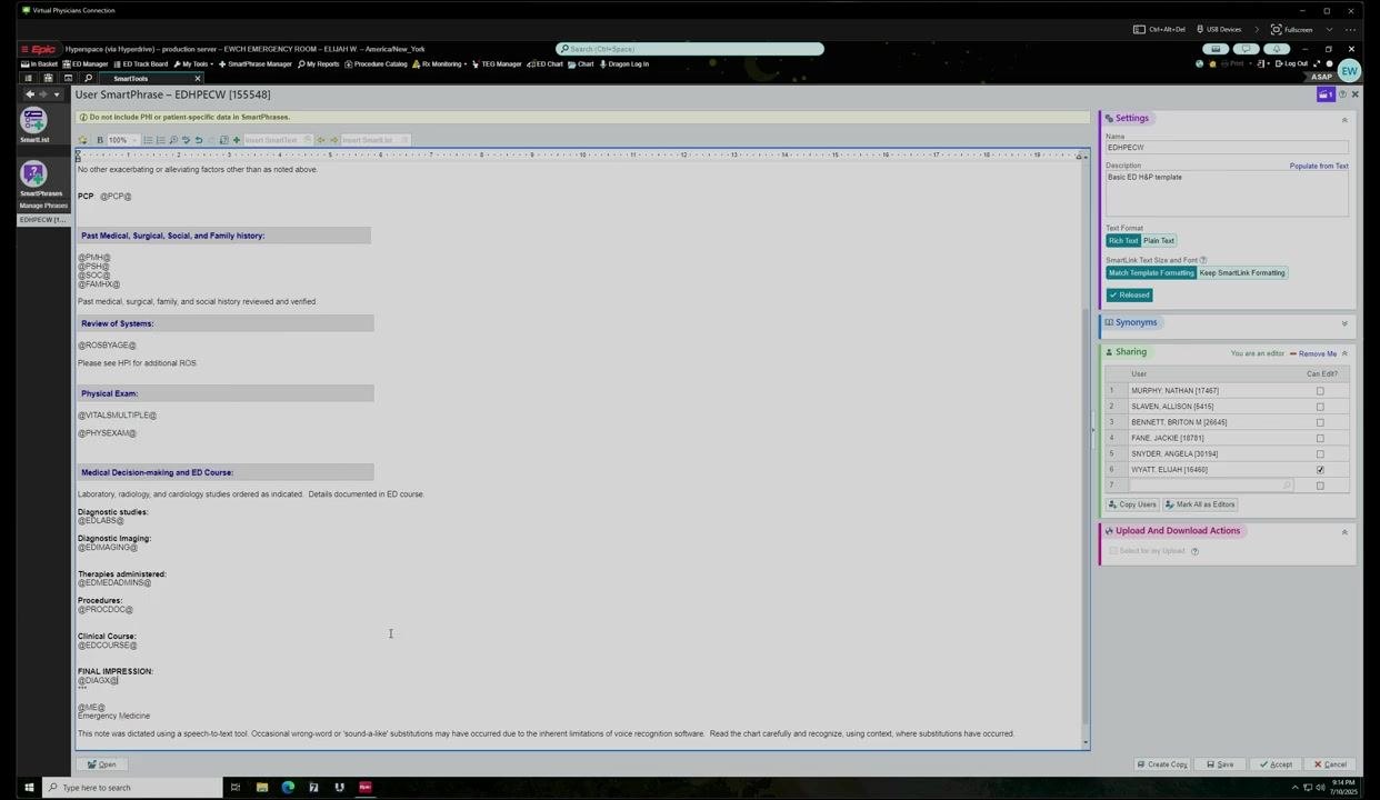 SmartPhrase template editor with a signature SmartPhrase followed by the text "Emergency Medicine"