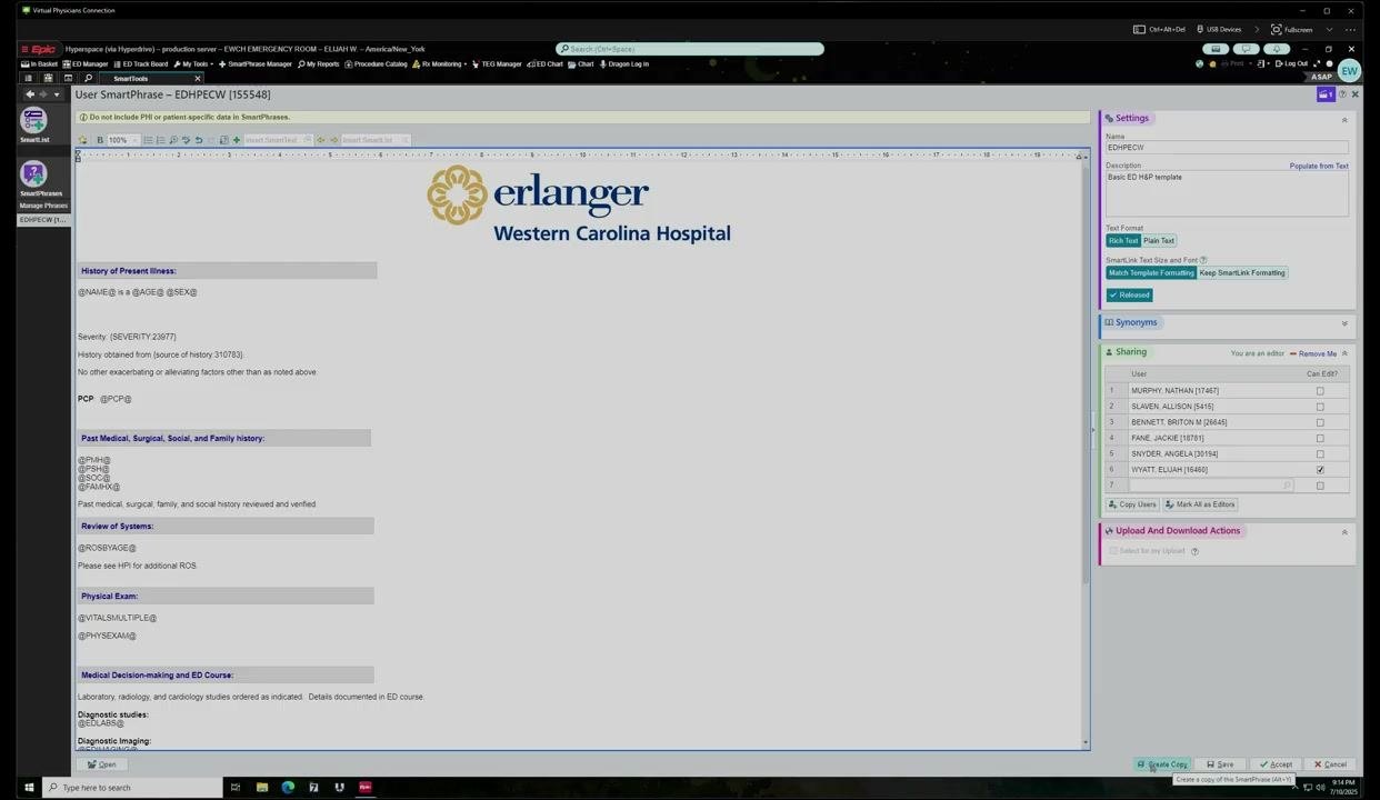 SmartPhrase editor showing the "Create Copy" button and a field for entering the new template name