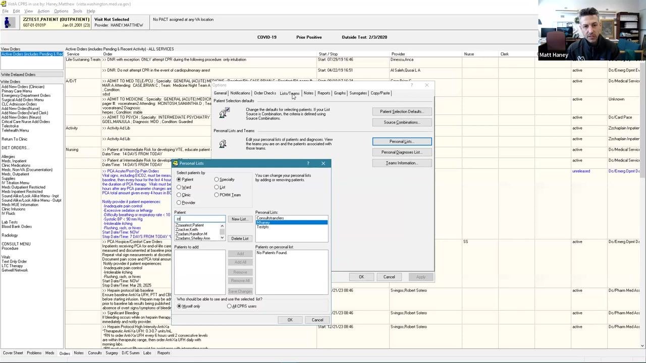 The CPRS interface with the Lists/Teams tab selected and the Personal Lists window open. The window shows options to select patients by Patient, Ward, Clinic, Provider, Specialty, List, or PCMM Team, along with a Personal Lists section and a list of available patients.