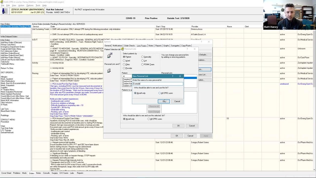 Dialog box titled 'New Personal List' with a field for entering the list name (Example1) and radio buttons for 'Myself only' or 'All CPRS users'. The OK button is highlighted.