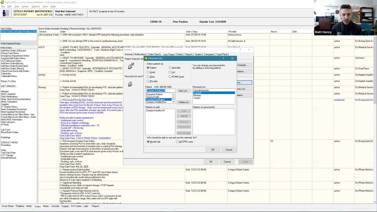 Personal Lists window showing a dropdown of patient names, with one patient selected and ready to be added to the list.
