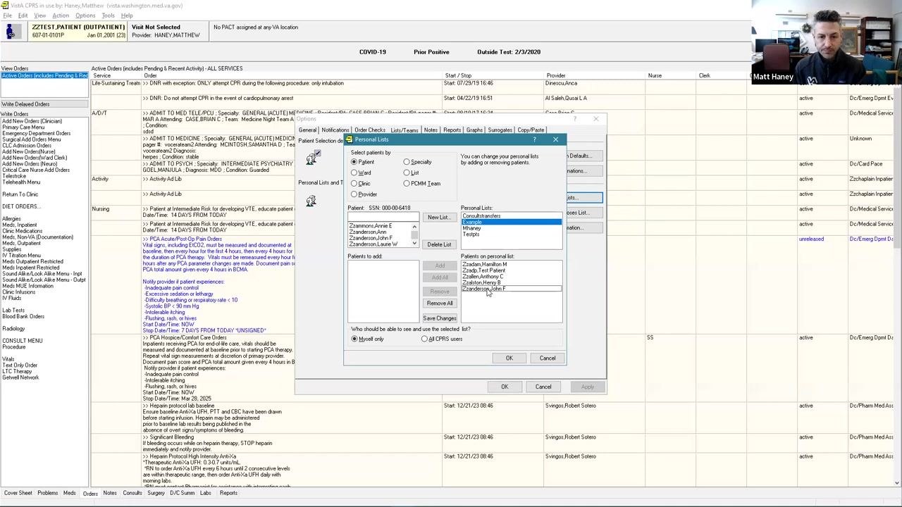 Personal Lists window showing several patients listed under 'Patients on personal list', with options to remove or remove all.