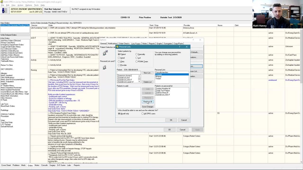 Personal Lists window open in CPRS, with the "Remove All" button highlighted and several patients listed under 'Patients on personal list'.