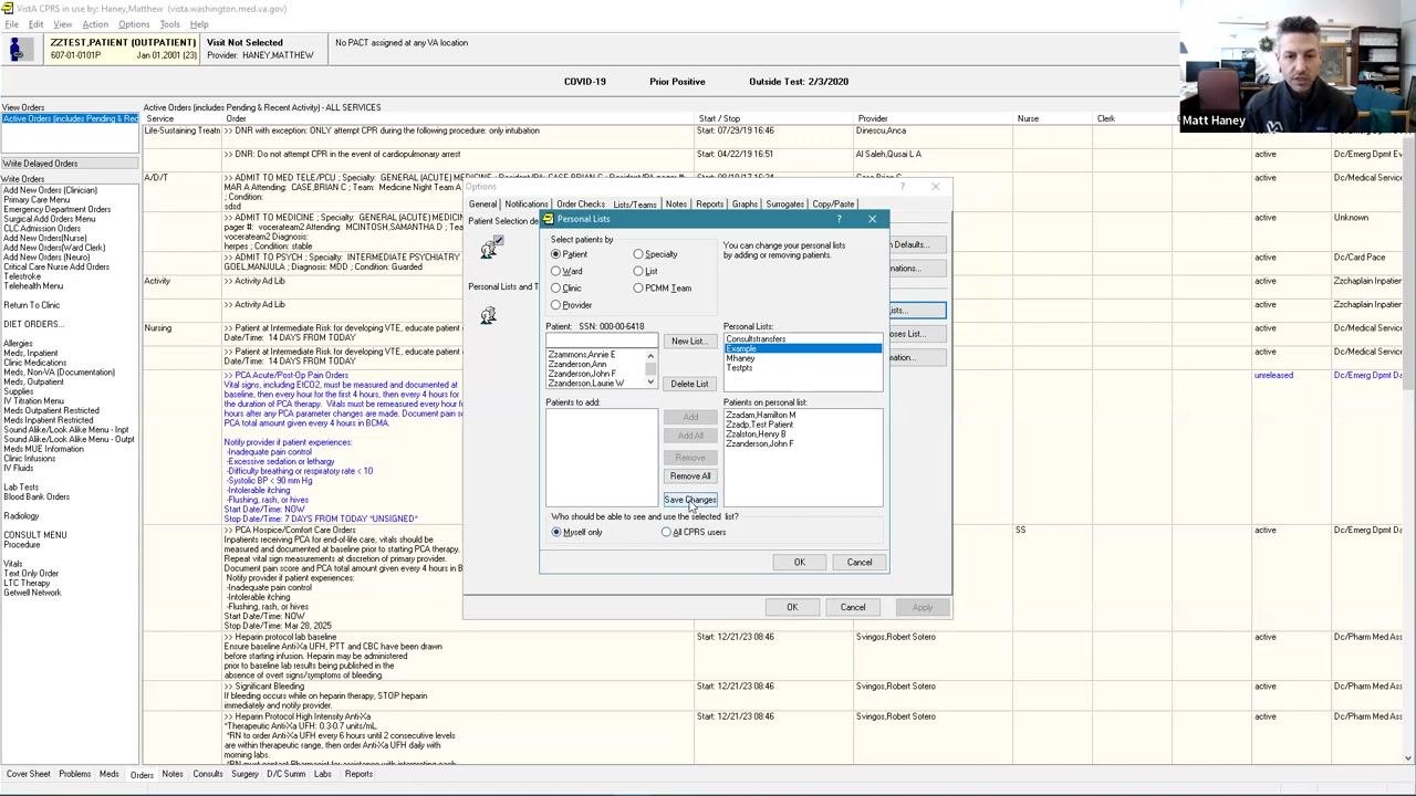 Personal Lists window in CPRS with the "Save Changes" button highlighted, showing the process of saving the updated personal list.