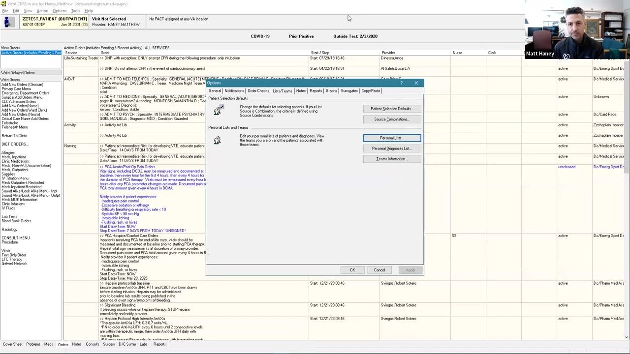 CPRS Options window open, showing the Lists/Teams tab with the "Personal Lists..." button available.