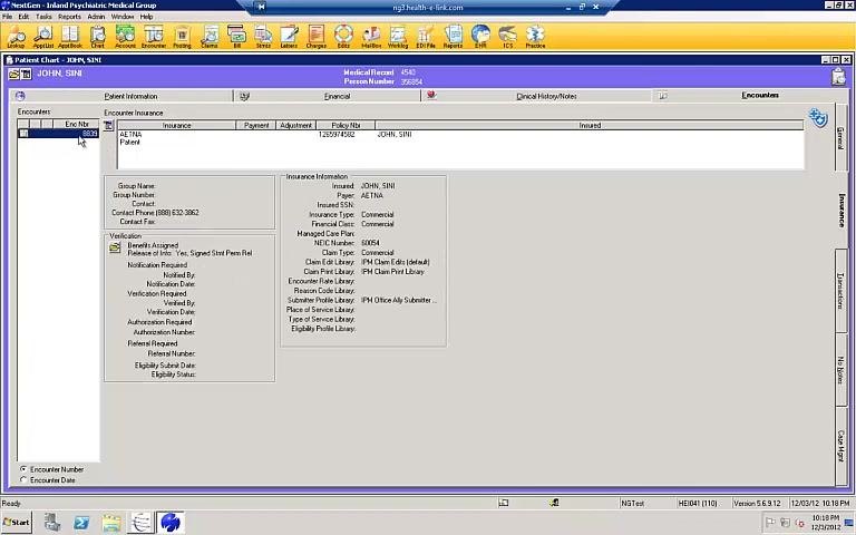 General tab of the patient chart showing the encounter details and an error preventing deletion due to attached insurance.