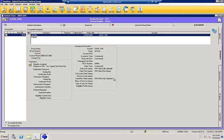 Patient chart with insurance removed, showing the General tab before checking associated charges.