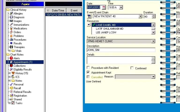 Clinical history section showing the appointment status marked as "Kept" and selected.