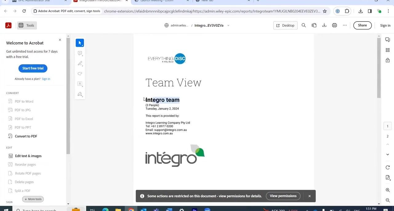 Manage Reports screen in EPIC showing Everything DiSC Team View report with options to View, Save, or Email. The cursor is clicking "View."