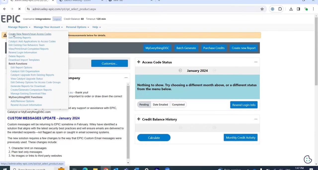 Manage Reports screen with "Everything DiSC" selected as Product Family and the Product dropdown open, showing report options like Group Culture Report, Facilitator Report, Comparison Report, and Team View.
