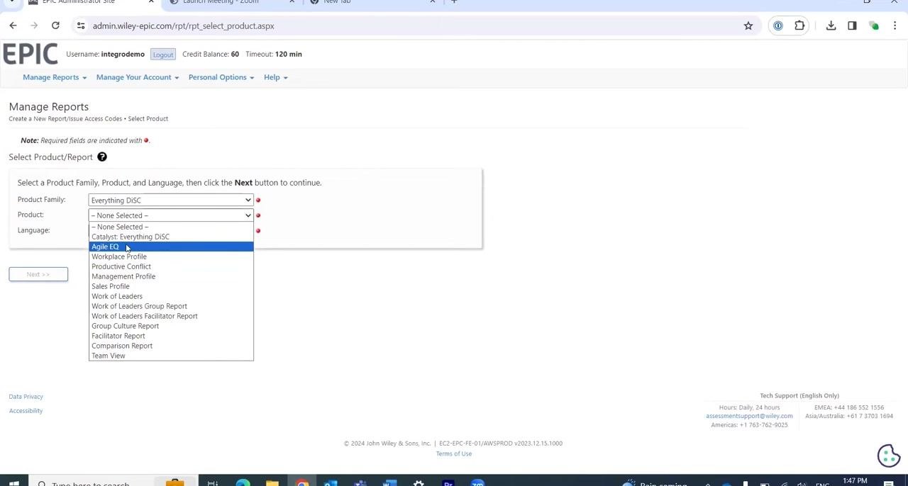 Manage Reports screen with Product Family set to "Everything DiSC," Product set to "Team View," and Language not yet selected.