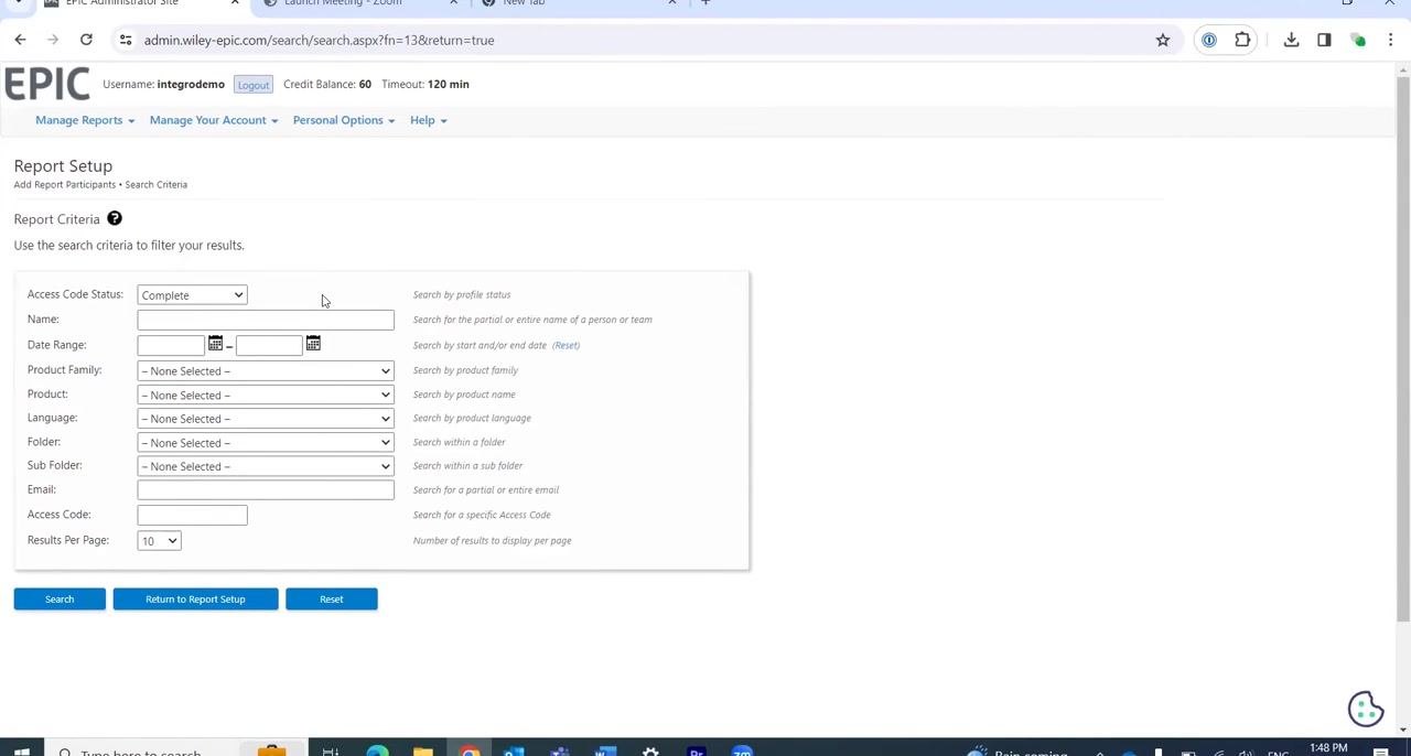 Report Details screen with Product set to "Everything DiSC Team View," Language "English," EPIC Folder "Integro Demonstration," EPIC Sub Folder "2012 Participants," and Report Name field ready for input.
