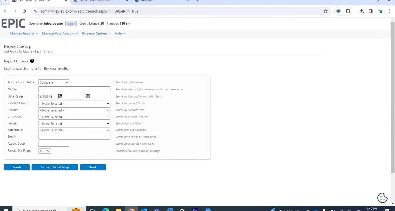 Report Setup screen with Date Range field being filled for a wide search, Access Code Status set to "Complete."
