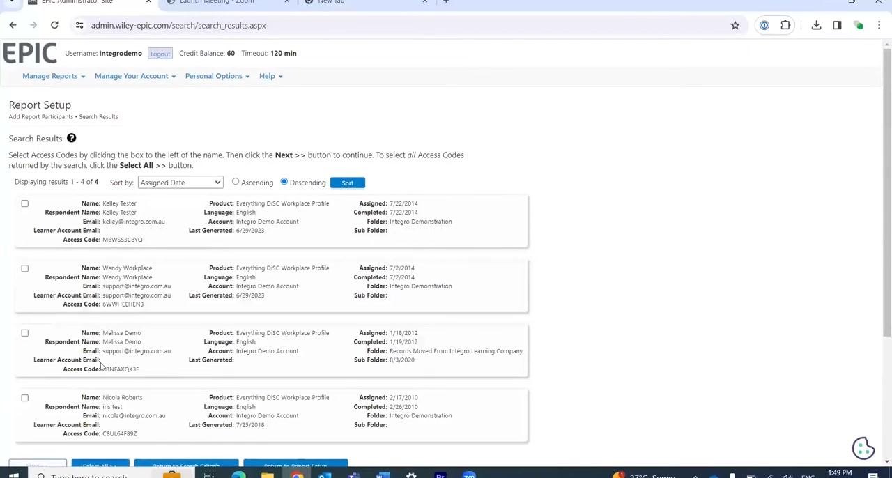Report Setup screen with Product set to "Workplace Profile," Access Code Status "Complete," Date Range "1/3/2010 – 1/3/2024," and other filters available.