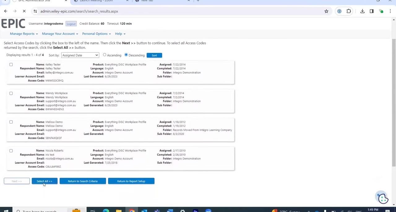 Search Results screen showing four participants with checkboxes, "Select All >>" button highlighted.