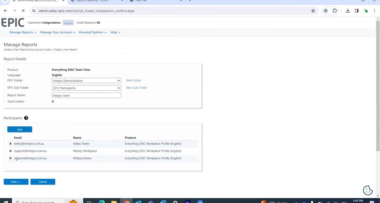 Report Details screen with finalized participant list and "Next >>" button.
