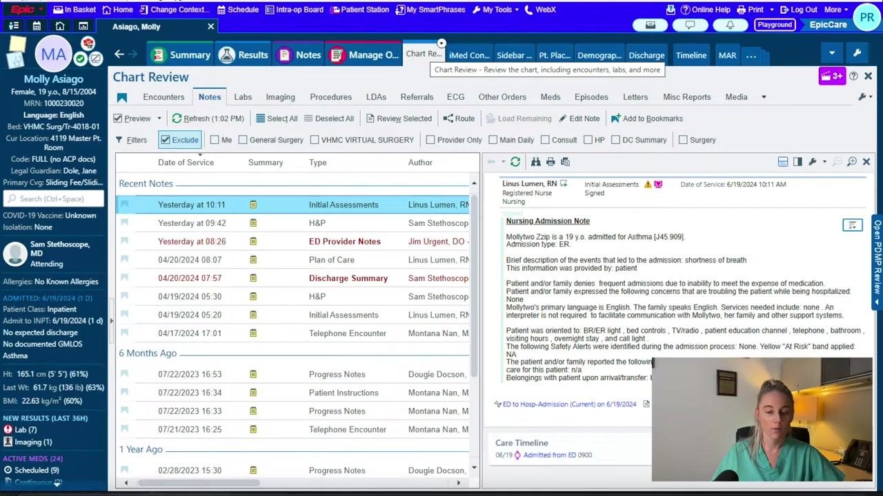 Epic's Patient Lists screen showing the Gen Surg list with two patients, their room/bed, name, age/gender, problem, and attending physician. Action buttons include Manage Orders, Notes, Results Review, Problem List, and iMed Consent.