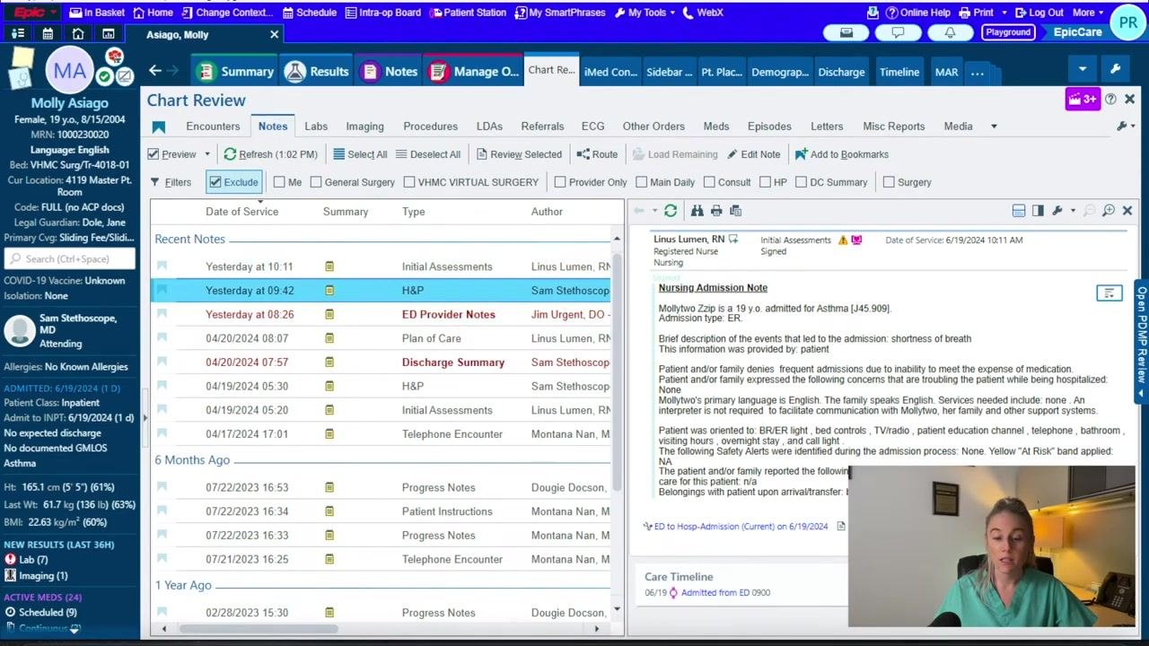 Epic's Chart Review Imaging tab, showing a list of imaging studies such as XR Chest and MRI Brain, filter options, and a radiology report with result status and narrative.