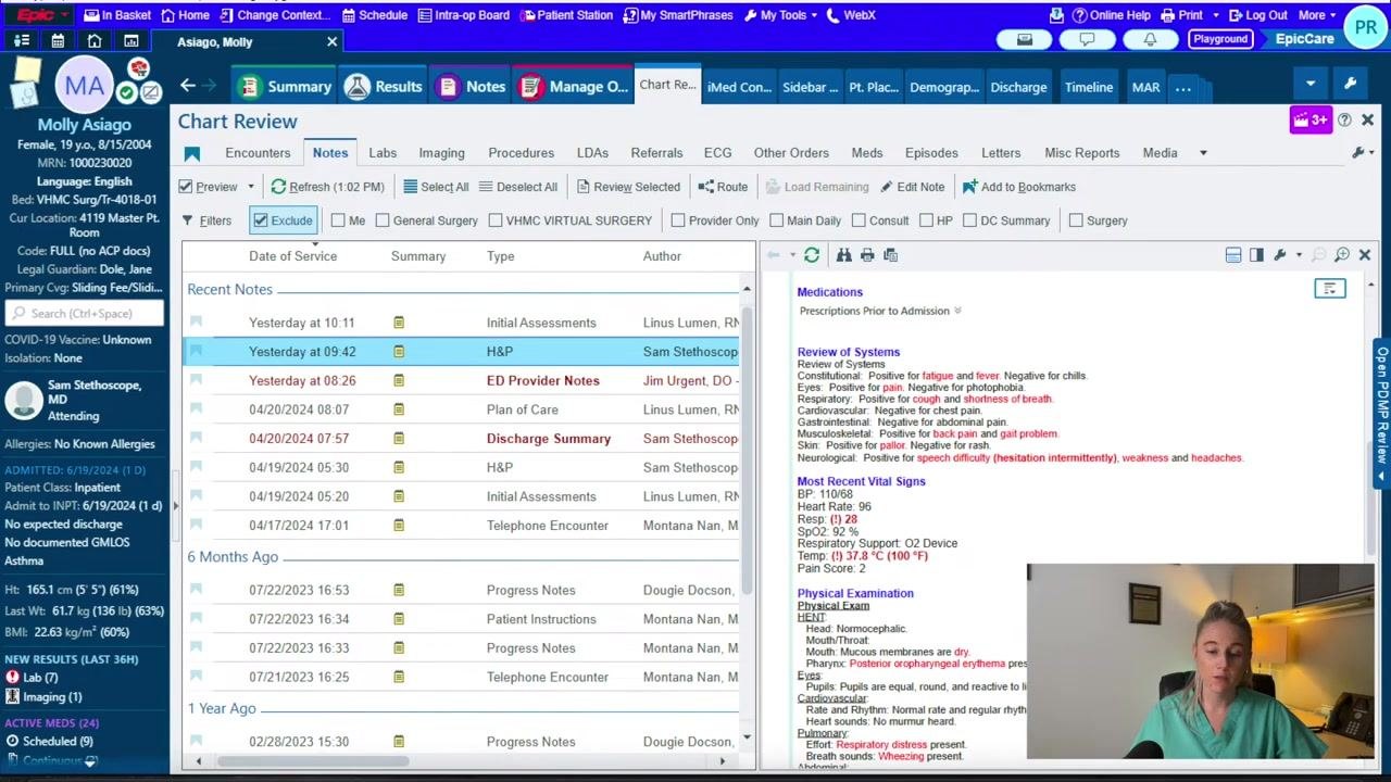 Epic's Chart Review Notes tab with a discharge summary note open, displaying medications, review of systems, most recent vital signs, and physical exam findings.