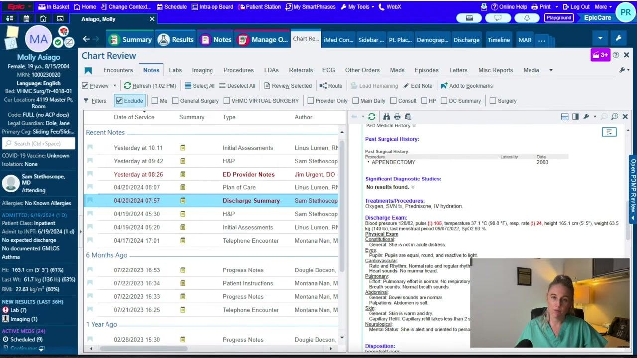 Epic's Summary tab open to Intake/Output, displaying a table with columns for P.O., I.V., IV Piggyback, Total Intake, Urine, Total Output, and Net I/O, with values for each shift and daily totals.