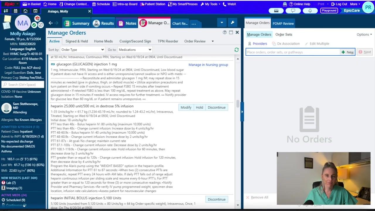 Epic's Manage Orders screen displaying a list of medication orders including glucagon and heparin, with options to modify, hold, or discontinue, and a right panel for placing new orders.