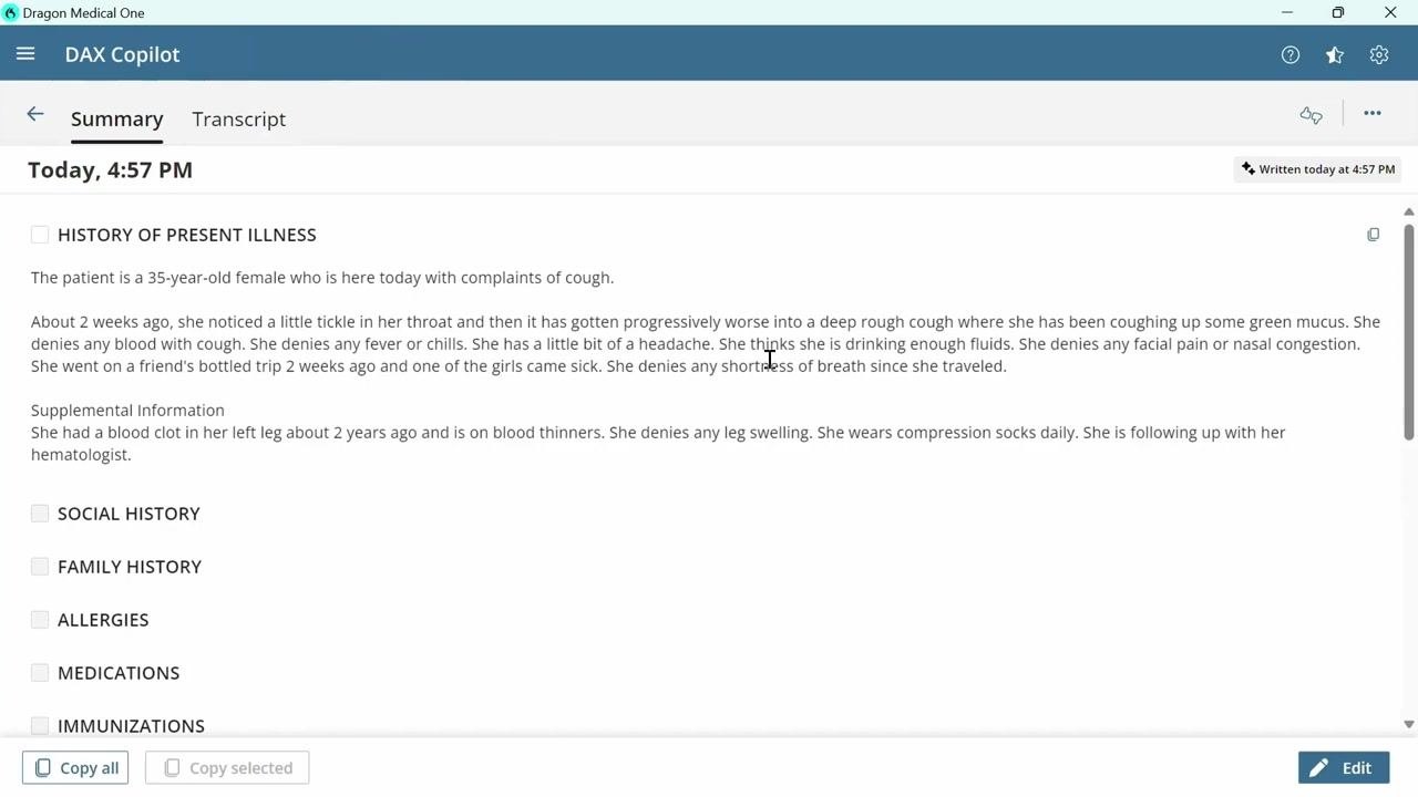 DAX Copilot desktop application displaying the full AI-generated clinical summary, organized by section, with options to copy text