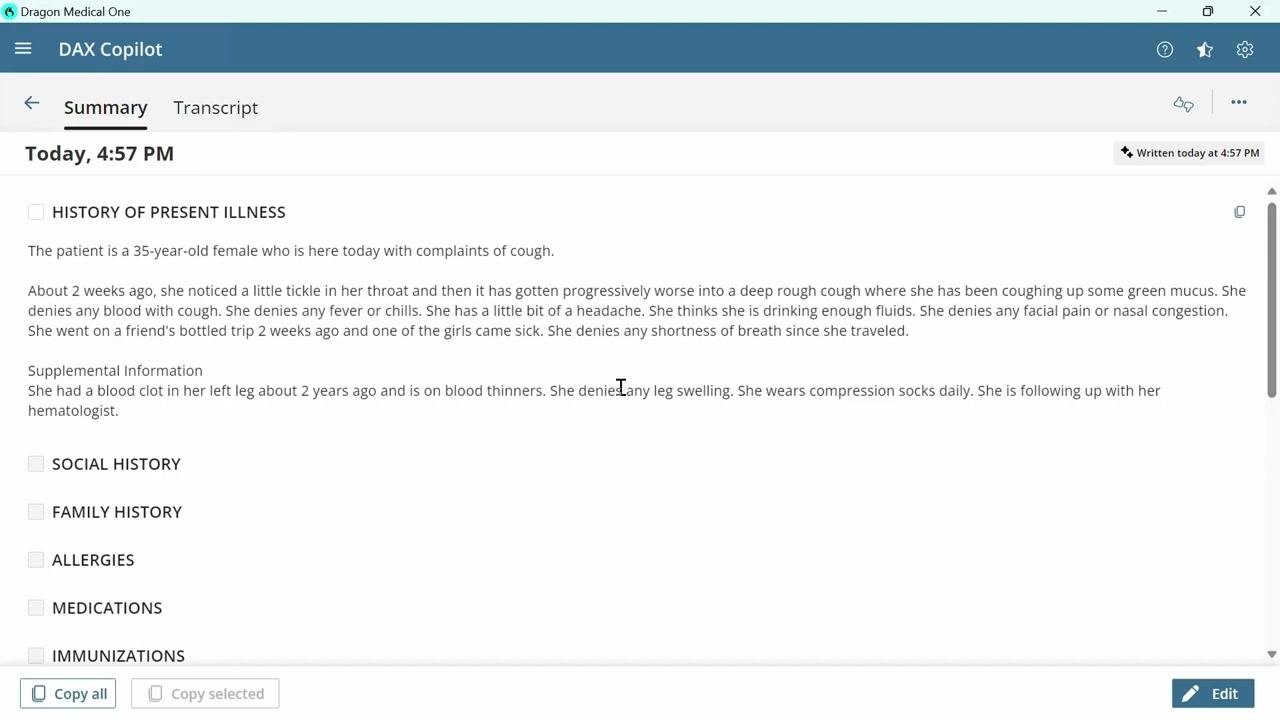 DAX Copilot desktop application showing detailed physical exam findings in standard clinical documentation format