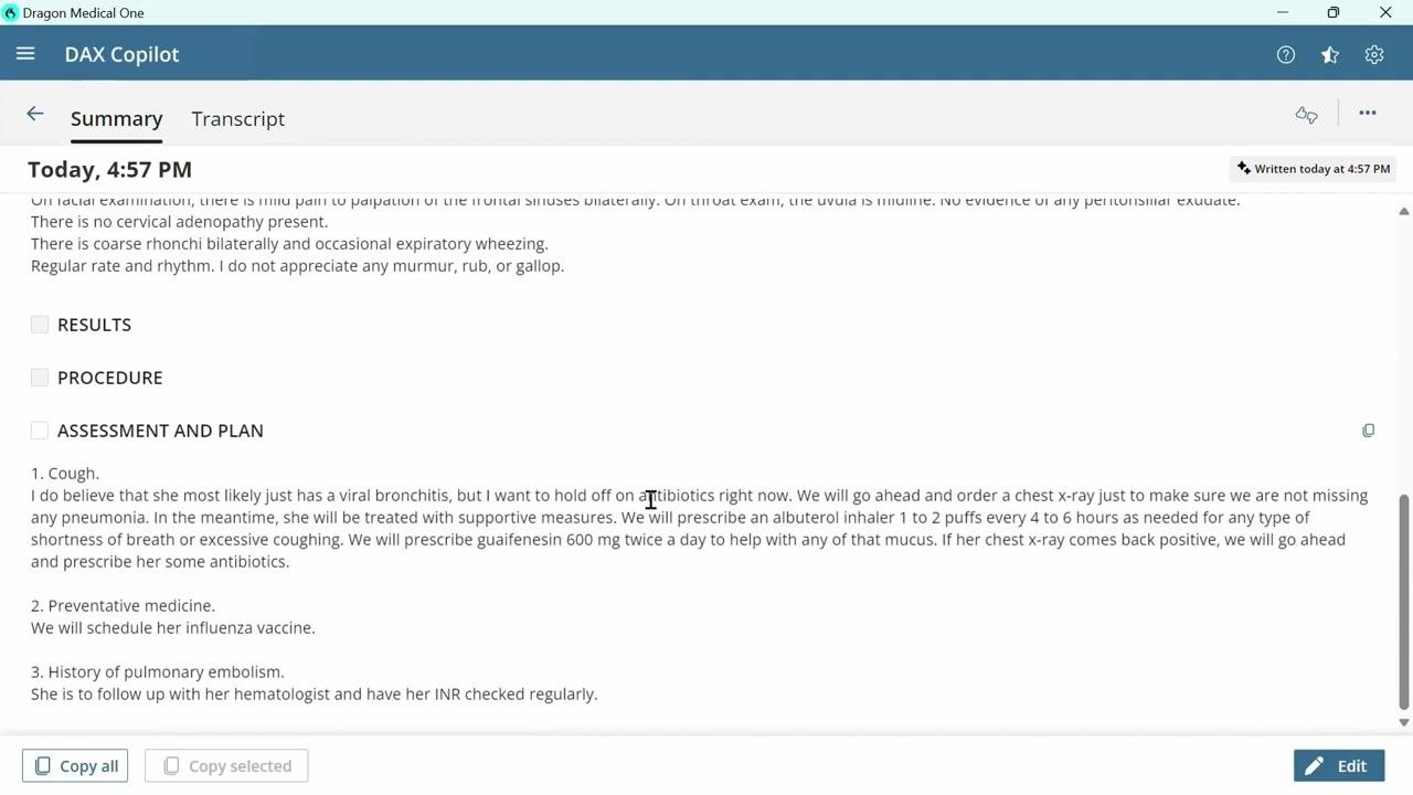 DAX Copilot desktop application showing the clinical summary with section checkboxes and copy/edit options