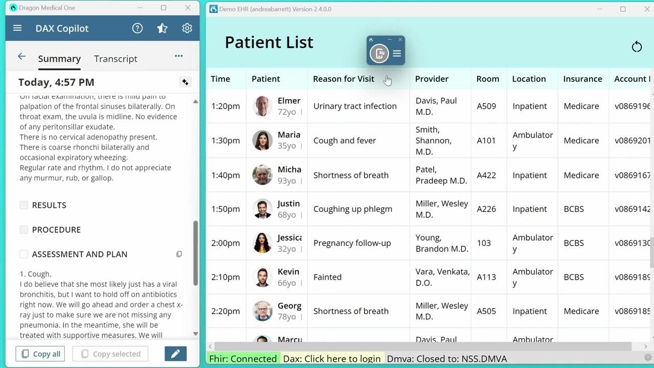 DAX Copilot and Demo EHR side by side, with the summary successfully transferred into the EHR note field