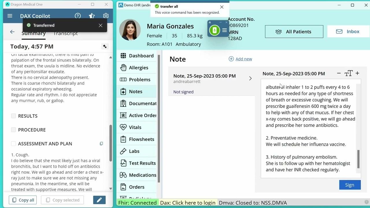 Confirmation of successful transfer, with the EHR note populated and transfer notifications visible