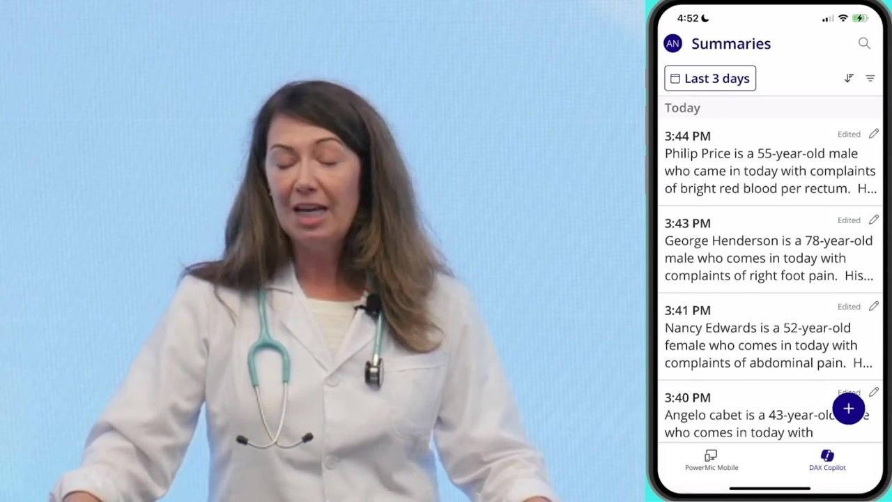 Mobile app screen displaying "Start a DAX Copilot encounter" with a reminder to confirm the patient's consent before recording, microphone button and timer at the bottom