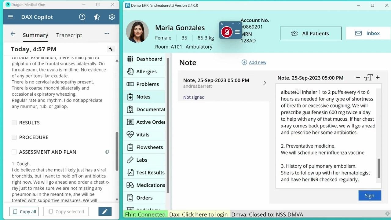 Dragon Medical One DAX Copilot and Demo EHR side by side, showing the patient summary, transcript, and clinical note for Maria Gonzales