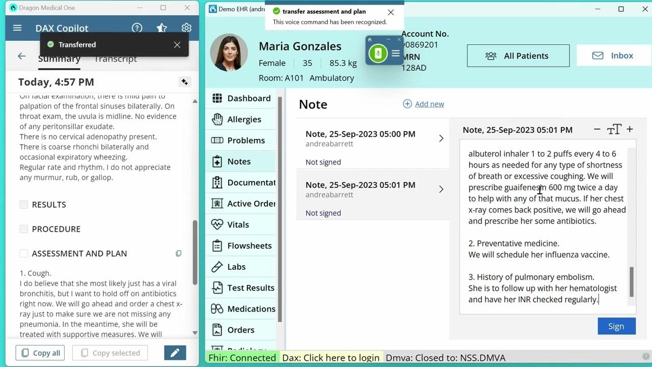 EHR note after transferring assessment and plan, showing a comprehensive clinical note for the patient