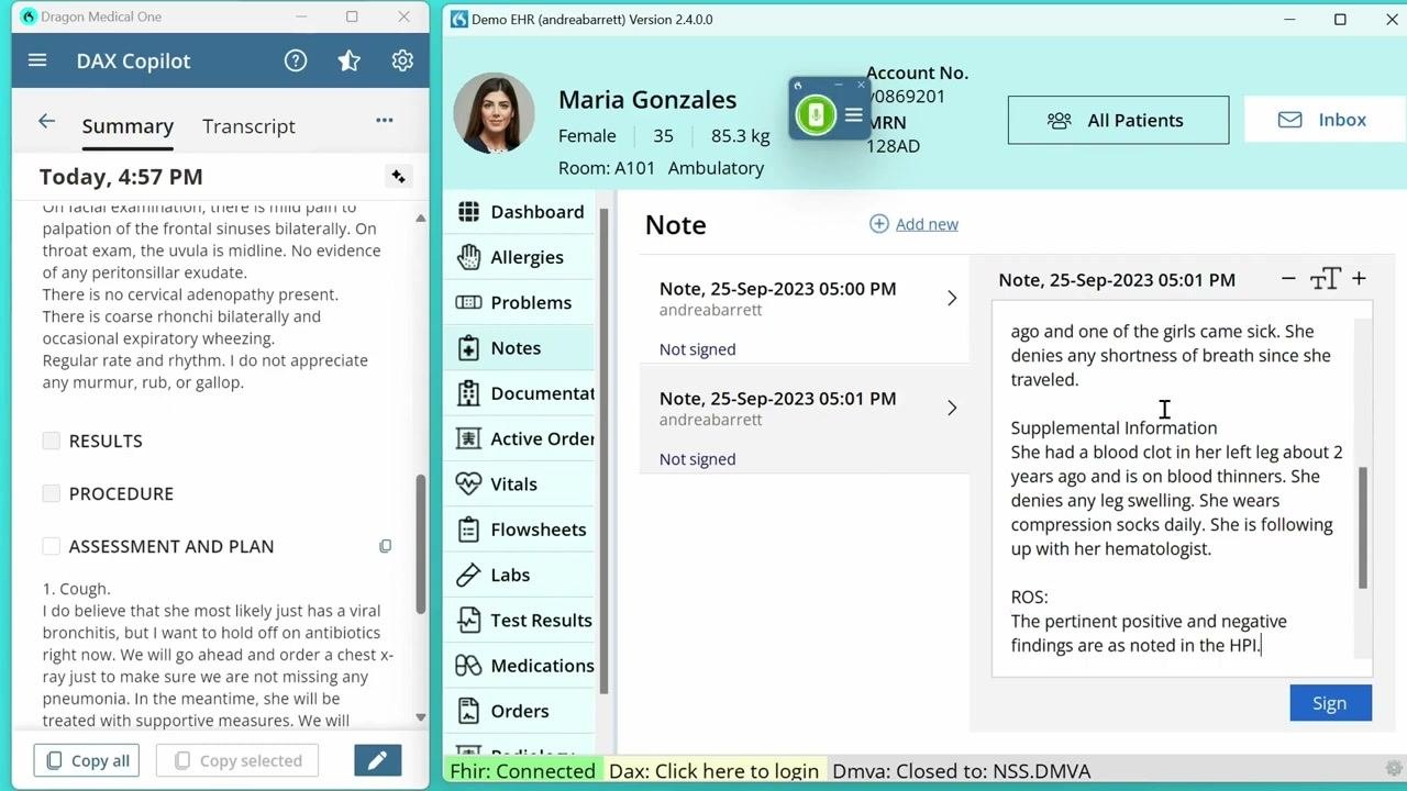 EHR note with auto text and ROS section added, showing a completed and detailed clinical note