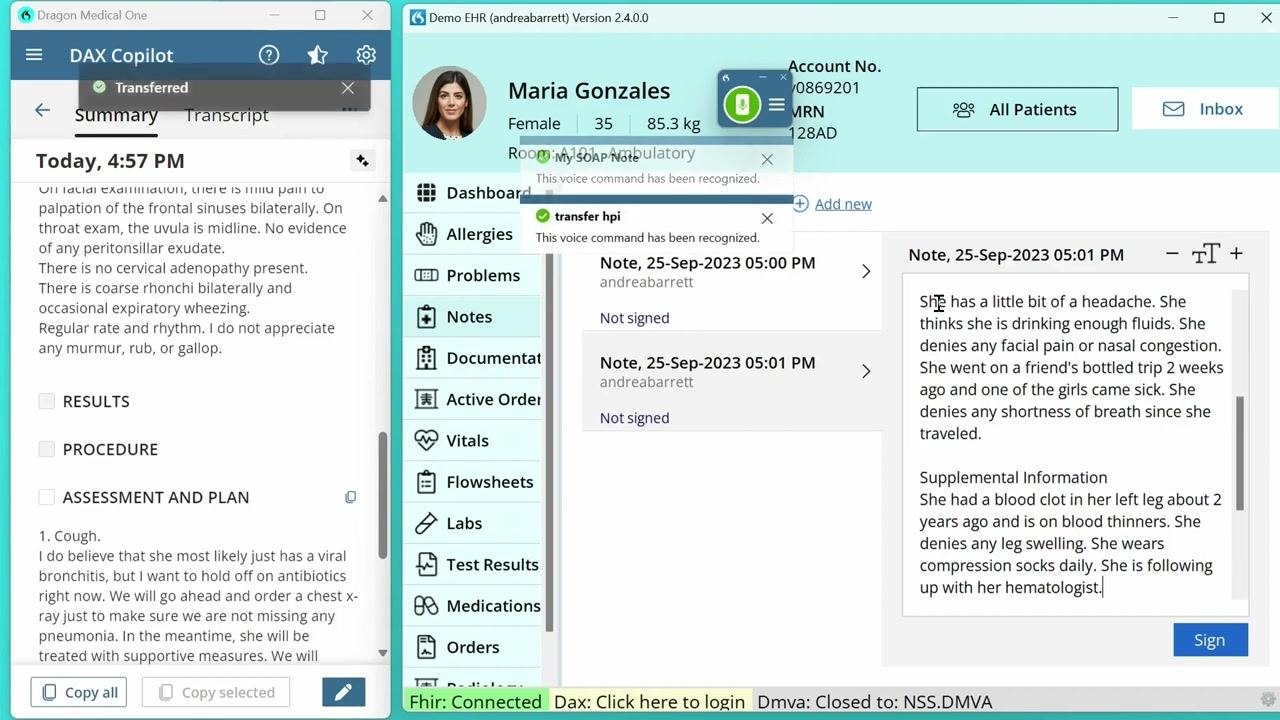 EHR note showing transferred content after using voice commands, with confirmation messages for recognized commands