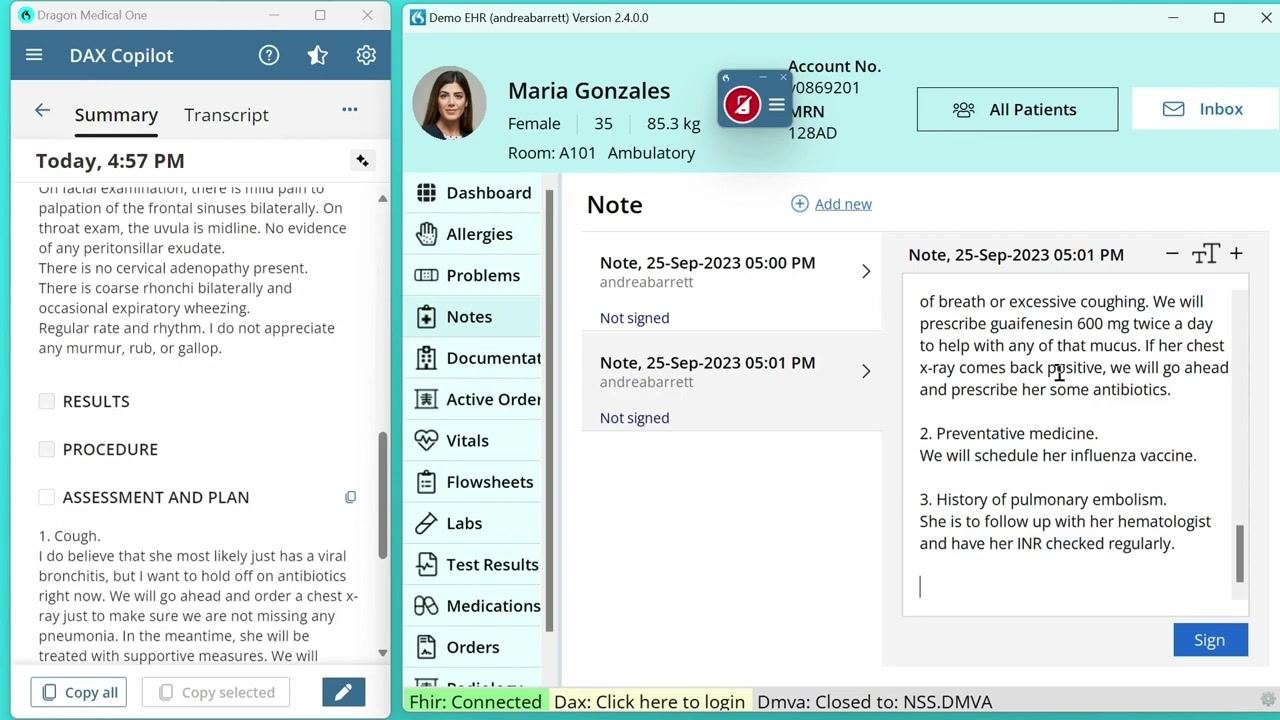 EHR note open for Maria Gonzales, with clinical content ready for signature and the Sign button visible; the Dragon Medical One DAX Copilot panel is open on the left