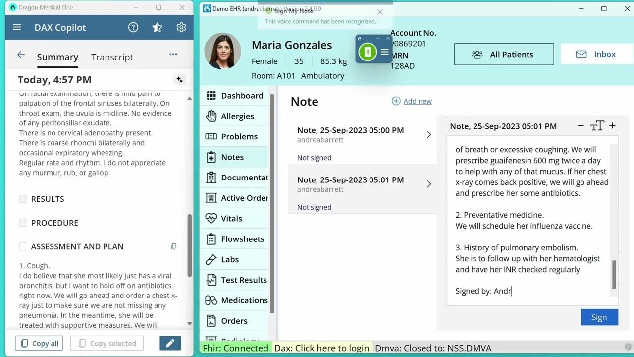 EHR note showing "Signed by: Andr..." after voice command recognition, with confirmation message at the top