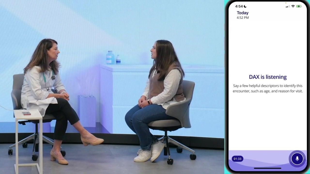 Mobile app screen showing "DAX is listening" while the clinician reviews medical history