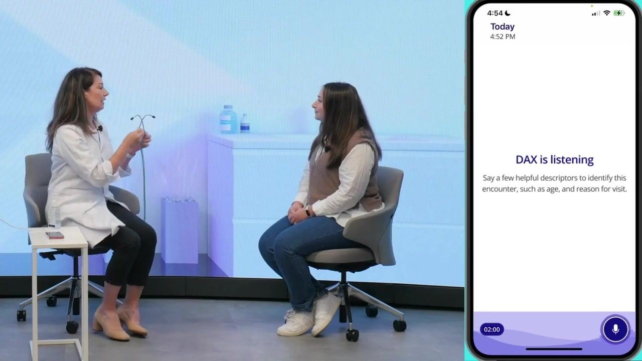 Mobile app screen showing "DAX is listening" as the clinician prepares for the physical exam